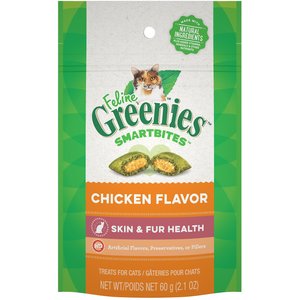 Greenies Feline SmartBites Healthy Skin & Fur Chicken Flavor Cat Treats, 2.1-oz bag, bundle of 2
