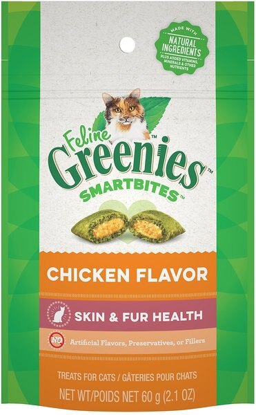 Greenies Feline SmartBites Healthy Skin & Fur Chicken Flavor Cat Treats, 2.1-oz bag, bundle of 6 slide 1 of 10