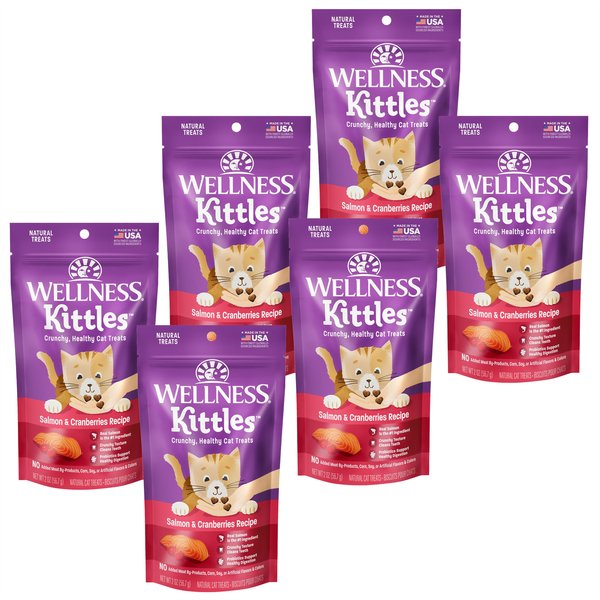Wellness Kittles Grain-Free Salmon & Cranberries Recipe Crunchy Cat Treats, 2-oz bag, bundle of 6 slide 1 of 7
