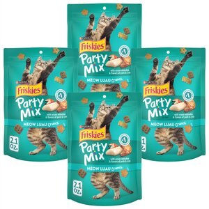 Friskies Party Mix Crunch Meow Luau Cat Treats, 2.1-oz bag, bundle of 4