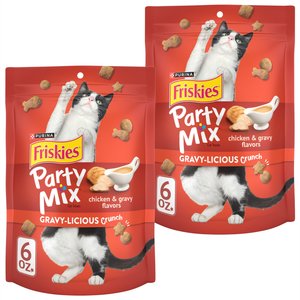 Friskies Party Mix Crunch Gravy-licious Chicken & Gravy Flavors Cat Treats, 6-oz bag, bundle of 2
