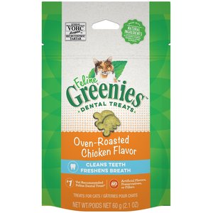 Greenies Feline Oven Roasted Chicken Flavor Adult Dental Cat Treats, 2.1-oz bag, bundle of 2