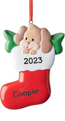 Frisco Dog in Stocking Resin Personalized Ornament, slide 1 of 1