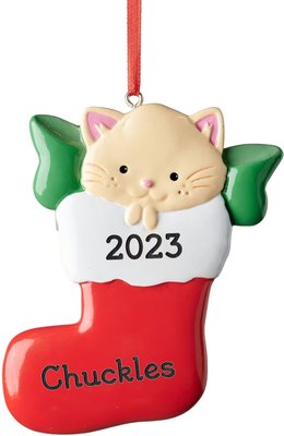 Frisco Cat in Stocking Resin Personalized Ornament, slide 1 of 1