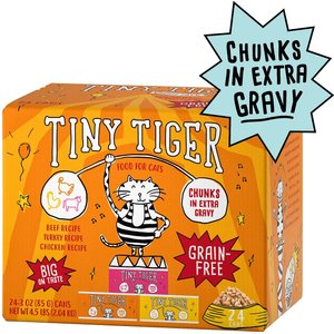 Tiny Tiger Chunks in EXTRA Gravy Beef & Poultry Recipes Variety Pack Grain-Free Canned Cat Food, 3-oz, case of 24, bundle of 2