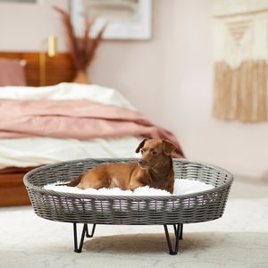 Frisco Elevated Rectangle Wicker Dog & Cat Bed with Eyelash Faux Fur Cushion, Small