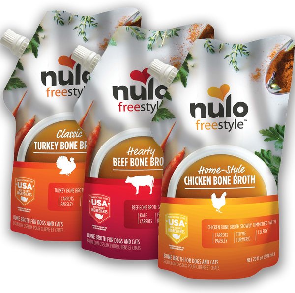 Nulo FreeStyle Grain-Free Bone Broth Variety Pack Dog & Cat Topper, 20-oz pouch, case of 3 slide 1 of 4