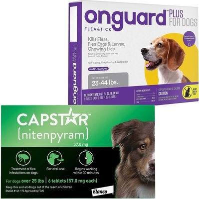 Capstar Flea Oral Treatment for Dogs, over 25 lbs, 6 Tablets + Onguard Flea & Tick Spot Treatment for Dogs, 23-44 lbs, 6 Doses (6-mos. supply), slide 1 of 1