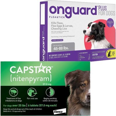 Capstar Flea Oral Treatment for Dogs, over 25 lbs, 6 Tablets + Onguard Flea & Tick Spot Treatment for Dogs, 45-88 lbs, 6 Doses (6-mos. supply), slide 1 of 1