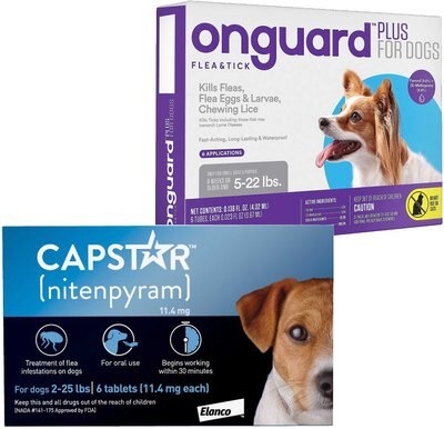Capstar Flea Oral Treatment for Dogs, 2-25 lbs, 6 Tablets + Onguard Flea & Tick Spot Treatment for Dogs, 5-22 lbs, 6 Doses (6-mos. supply), slide 1 of 1