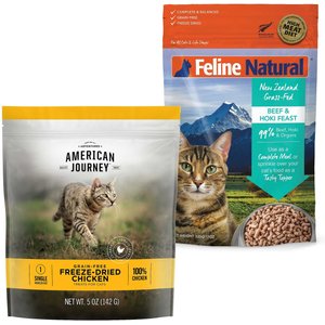 American Journey 100% Chicken Freeze-Dried Grain-Free Cat Treats, 5-oz bag + Feline Natural Beef & Hoki Feast Grain-Free Freeze-Dried Cat Food, 11-oz bag