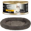 American Journey Indoor Minced Chicken Recipe in Gravy Grain-Free Canned Cat Food, 5.5-oz, case of 24 + Frisco Self Warming Bolster Round Cat Bed, Gray