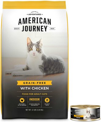 American Journey Indoor Recipe with Chicken Grain-Free Dry Cat Food, 12-lb bag + American Journey Indoor Minced Chicken Recipe in Gravy Grain-Free Canned Cat Food, 5.5-oz, case of 24, slide 1 of 1
