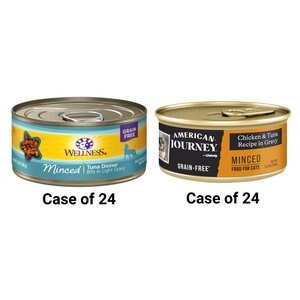 American Journey Minced Chicken & Tuna Recipe in Gravy Grain-Free Canned Cat Food, 5.5-oz, case of 24 + Wellness Minced Tuna Dinner Grain-Free Canned Cat Food, 5.5-oz, case of 24