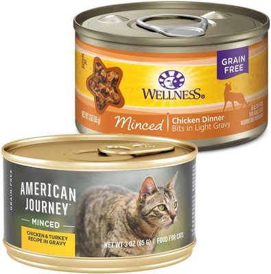 American Journey Minced Chicken & Turkey Recipe in Gravy Grain-Free Canned Cat Food, 3-oz, case of 24 + Wellness Minced Chicken Dinner Grain-Free Canned Cat Food, 3-oz, case of 24, slide 1 of 1