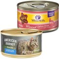 American Journey Minced Salmon & Tuna Recipe in Gravy Grain-Free Canned Cat Food, 3-oz, case of 24 + Wellness Complete Health Natural Minced Salmon Dinner Grain-Free Canned Cat Food, 3-oz, case of 24