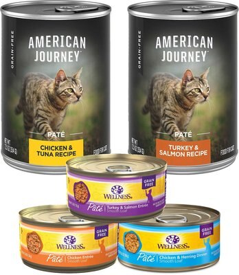 American Journey Pate Poultry & Seafood Variety Pack Grain-Free Canned Cat Food, 12.5-oz, case of 12 + Wellness Complete Health Poultry Lovers Pate Variety Pack Grain-Free Canned Cat Food, 5.5-oz, case of 30, slide 1 of 1