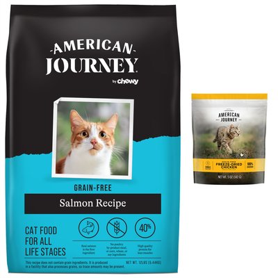 American Journey Salmon Recipe Grain-Free Dry Cat Food, 12-lb bag + American Journey 100% Chicken Freeze-Dried Grain-Free Cat Treats, 5-oz bag, slide 1 of 1