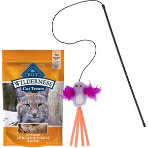 Blue Buffalo Wilderness Chicken & Turkey Grain-Free Cat Treats, 2-oz bag + Frisco Bird Teaser with Feathers Cat Toy, Purple