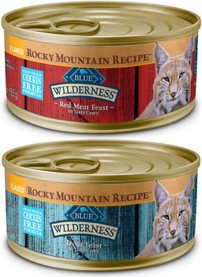 Blue Buffalo Wilderness Rocky Mountain Recipe Flaked Red Meat Feast Adult Grain-Free Canned Cat Food, 5.5-oz, case of 24 + Blue Buffalo Wilderness Rocky Mountain Recipe Flaked Trout Feast Adult Grain-Free Canned Cat Food, 5.5-oz, case of 24, slide 1 of 1