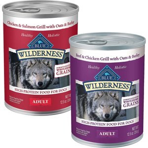 Blue Buffalo Wilderness Salmon & Chicken Grill with Oats & Barley Adult Wet Dog Food, 12.5-oz, case of 12 + Blue Buffalo Wilderness Beef & Chicken Grill with Oats & Barley Adult Wet Dog Food, 12.5-oz, case of 12