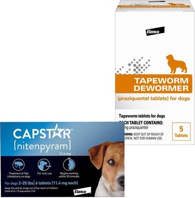 Capstar Flea Oral Treatment for Dogs, 2-25 lbs, 6 Tablets + Bayer Tapeworm Dog De-Wormer, 5 count, slide 1 of 1