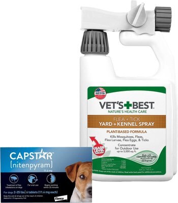 Capstar Flea Oral Treatment for Dogs, 2-25 lbs, 6 Tablets + Vet's Best Flea + Tick Yard & Kennel Spray for Dogs, 32-oz bottle, slide 1 of 1