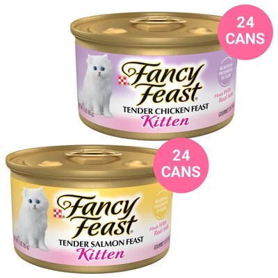 Fancy Feast Kitten Tender Salmon Feast Canned Cat Food, 3-oz, case of 24 + Fancy Feast Kitten Tender Chicken Feast Canned Cat Food, 3-oz, case of 24, slide 1 of 1