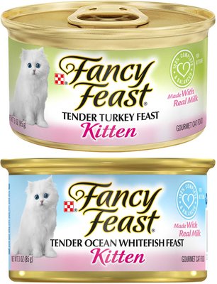 Fancy Feast Kitten Tender Turkey Feast Canned Cat Food, 3-oz, case of 24 + Fancy Feast Kitten Tender Ocean Whitefish Feast Canned Cat Food, 3-oz, case of 24, slide 1 of 1