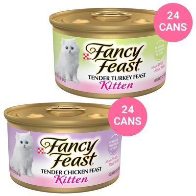 Fancy Feast Kitten Tender Turkey Feast Canned Cat Food, 3-oz, case of 24 + Fancy Feast Kitten Tender Chicken Feast Canned Cat Food, 3-oz, case of 24, slide 1 of 1
