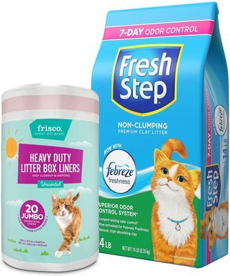 Frisco Heavy Duty Litter Box Liners, Jumbo, Unscented, 20 Ct + Fresh Step Febreze Scented Non-Clumping Clay Cat Litter, 14-lb bag, slide 1 of 1
