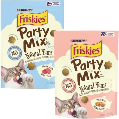Friskies Party Mix Natural Yums With Real Salmon Cat Treats, 6-oz pouch + Friskies Party Mix Natural Yums with Real Tuna Cat Treats, 6-oz bag, slide 1 of 1