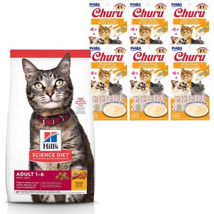 Hill's Science Diet Adult Chicken Recipe Dry Cat Food, 16-lb bag + Inaba Churu Grain-Free Chicken Puree Lickable Cat Treat, 0.5-oz tube, pack of 24