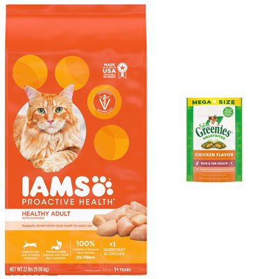 Iams ProActive Health Healthy Adult Original with Chicken Dry Cat Food, 22-lb bag + Greenies Feline SmartBites Healthy Skin & Fur Chicken Flavor Cat Treats, 4.6-oz bag, slide 1 of 1