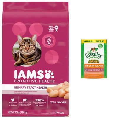 Iams ProActive Health Urinary Tract Health with Chicken Adult Dry Cat Food, 16-lb bag + Greenies Feline SmartBites Healthy Skin & Fur Chicken Flavor Cat Treats, 4.6-oz bag, slide 1 of 1