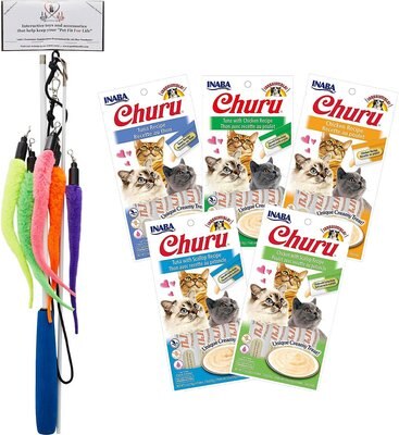 Inaba Churu Grain-Free Chicken, Tuna, Scallop Puree Variety Pack Lickable Cat Treat, 0.5-oz tube, pack of 20 + Pet Fit For Life 5 Piece Squiggly Worm Wand Cat Toy, slide 1 of 1