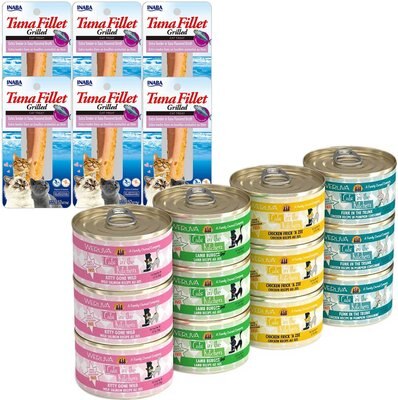Inaba Ciao Grain-Free Grilled Tuna Fillet Extra Tender in Tuna Flavored Broth Cat Treat, 0.52-oz pouch, pack of 6 + Weruva Cats in the Kitchen Cuties Variety Pack Grain-Free Canned Cat Food, 3.2-oz, case of 12, slide 1 of 1