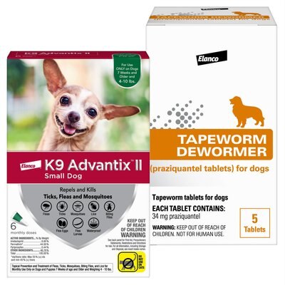 K9 Advantix II Flea & Tick Spot Treatment for Dogs, 4-10 lbs, 6 Doses (6-mos. supply) + Bayer Tapeworm Dog De-Wormer, 5-count, slide 1 of 1