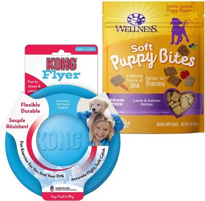 KONG Puppy Flyer Dog Toy, Color Varies + Wellness Soft Puppy Bites Lamb & Salmon Recipe Grain-Free Dog Treats, 3-oz pouch, slide 1 of 1