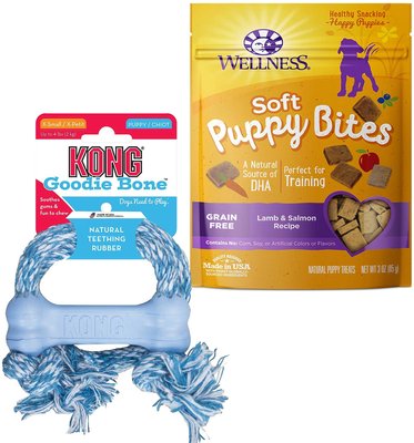 KONG Puppy Goodie Bone with Rope Dog Toy, Color Varies + Wellness Soft Puppy Bites Lamb & Salmon Recipe Grain-Free Dog Treats, 3-oz pouch, slide 1 of 1