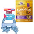 KONG Puppy Goodie Bone with Rope Dog Toy, Color Varies + Wellness Soft Puppy Bites Lamb & Salmon Recipe Grain-Free Dog Treats, 3-oz pouch