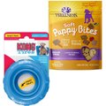 KONG Puppy Tires Dog Toy, Color Varies, Small + Wellness Soft Puppy Bites Lamb & Salmon Recipe Grain-Free Dog Treats, 3-oz pouch