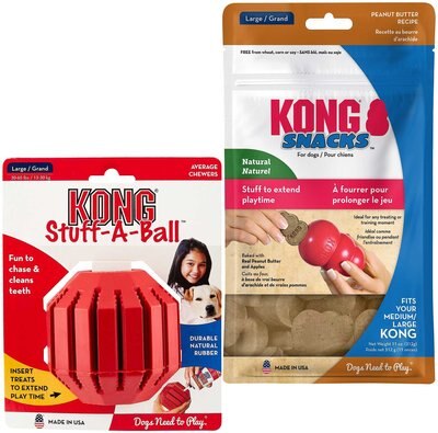 KONG Stuff a Ball Dog Toy, Large + KONG Stuff'N Peanut Butter Snacks Large Dog Treats, 11-oz, slide 1 of 1