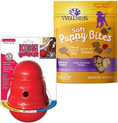 KONG Wobbler Dog Toy, Small + Wellness Soft Puppy Bites Lamb & Salmon Recipe Grain-Free Dog Treats, 3-oz pouch, slide 1 of 1