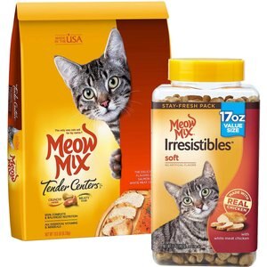 Meow Mix Tender Centers Salmon & White Meat Chicken Dry Cat Food, 13.5-lb bag + Meow Mix Irresistibles Soft White Meat Chicken Cat Treats, 17-oz cannister