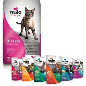 Nulo Freestyle Chicken & Cod Recipe Grain-Free Dry Cat & Kitten Food, 14-lb bag + Nulo FreeStyle Variety Pack Cat Food Topper, 2.8-oz, case of 6