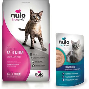 Nulo Freestyle Chicken & Cod Recipe Grain-Free Dry Cat & Kitten Food, 14-lb bag + Nulo Freestyle Silky Mousse Tuna & Shrimp Recipe Grain-Free Wet Cat Food, 2.8-oz, case of 24
