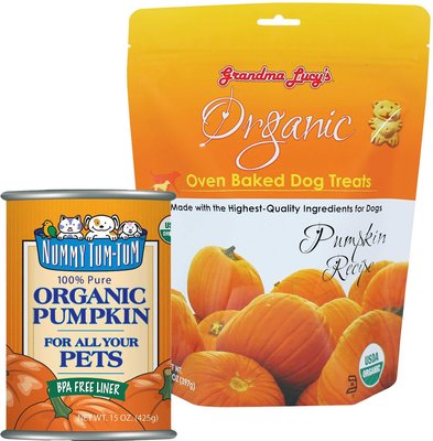 Nummy Tum-Tum Pure Organic Pumpkin Canned Dog & Cat Food Supplement, 15-oz, case of 12 + Grandma Lucy's Organic Pumpkin Oven Baked Dog Treats, 14-oz bag, slide 1 of 1