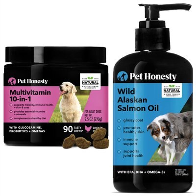 PetHonesty 10-for-1 Multivitamin with Glucosamine Soft Chews Dog Supplement, 90 count + PetHonesty Wild Alaskan Salmon Oil Dog & Cat Supplement, 32-oz bottle, slide 1 of 1