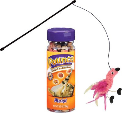 Pounce Moist Seafood Medley Flavor Cat Treats, 6.5-oz jar + KONG Active Feather Teaser Cat Toy, Color Varies, slide 1 of 1